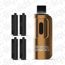 REVOL 2600 4-in-1 Pod Kit with four flavor pods: Watermelon Ice, Grape, Pineapple Ice, and Fruit Fusion.