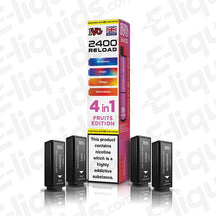 IVG 2400 4-in-1 Fruits Edition Prefilled Pods with 2400 puffs and 2ml e-liquid in blueberry, grape, mango, and watermelon flavors.