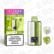 Elf Bar Dual 10K Disposable Vape Kit with dual flavors and 10,000 puffs, featuring apple pear and kiwi passion fruit.