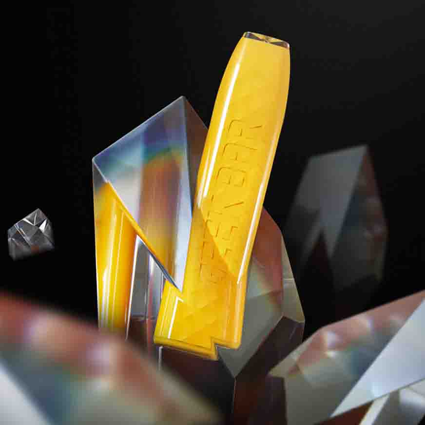 Yellow angled object with geometric design surrounded by translucent prisms on a dark background.