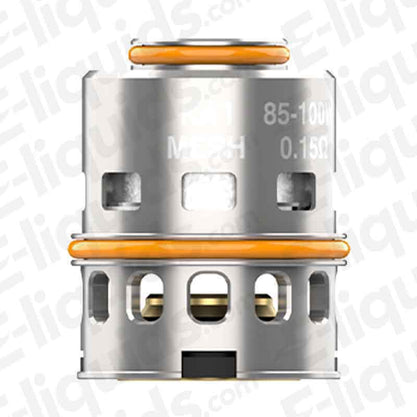 Geekvape M Replacement Vape Coil for Z Max Tank, shown in silver with orange seals. Ideal for high power use and rich vapor production.