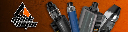 Geek Vape logo with various vaping devices displayed on an orange background.