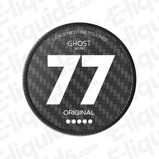Ghost Original 77 Mini Extra Strong Nicotine Pouches, black can with white text, 20mg per pouch, 20 pouches per can.