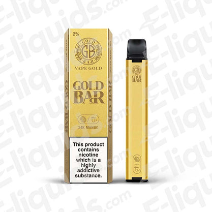 24K Mango Gold Bar Disposable Vape Device with golden packaging and black mouthpiece, offering rich mango flavor.