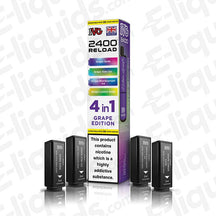 IVG 2400 4-in-1 Grape Edition Prefilled Pods with 2400 puffs, 4x mesh coils, and 20mg strength. Image shows box and four pods.