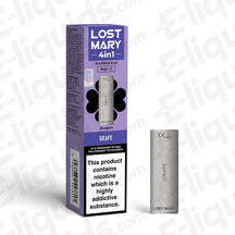 Lost Mary 4-in-1 Prefilled Pod Grape flavor with box, featuring 20mg nicotine and 3200 puffs for enhanced vaping experience.