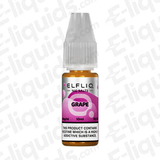 ELFLIQ Grape Nic Salt E-liquid bottle, 10ml, 50/50 ratio, featuring the vibrant purple label with grape flavor, 10mg or 20mg nicotine.