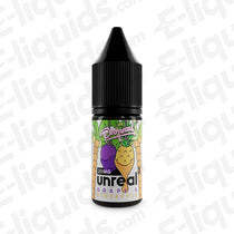 10ml bottle of Unreal 3 Grape Pineapple Nic Salt E-liquid with 20mg nicotine, featuring vibrant grape and pineapple design.