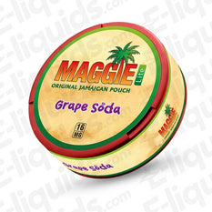 Grape Soda Nicotine Pouches by MAGGIE, 16mg strength, featuring tropical design and flavorful blend.