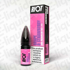 Grape Strawberry Nic Salt E-Liquid by Riot X in 10ml bottle, featuring sweet and sour grape-strawberry flavor.