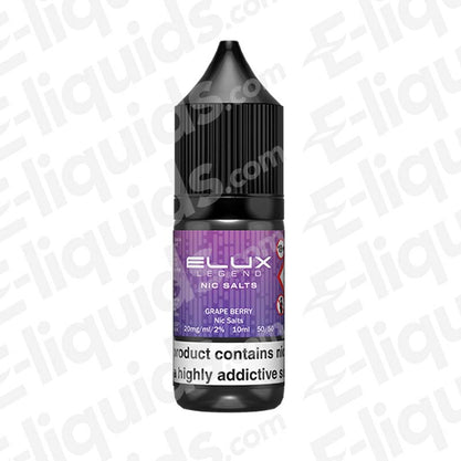 Grape Nic Salt E-liquid by Elux Legend, featuring a 10ml bottle with a vibrant grape berry design.