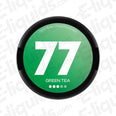 Green Tea 77 Nicotine Pouches can, featuring 20 pouches, 10.4mg per pouch, displayed on a green and black background.