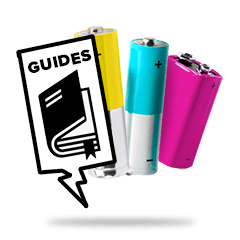 Colorful batteries alongside a guidebook icon emphasizing energy and learning.
