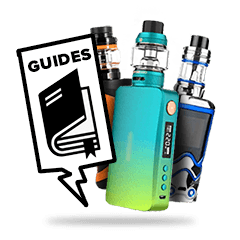 Vape device guide with colorful vaping kits and instructional booklet illustration.