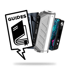 Vaping devices with a guide icon, showcasing a selection of e-cigarettes and informative literature on vaping.