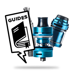 Illustration of vaping tanks with a guides icon, showcasing information resources for e-cigarette users.