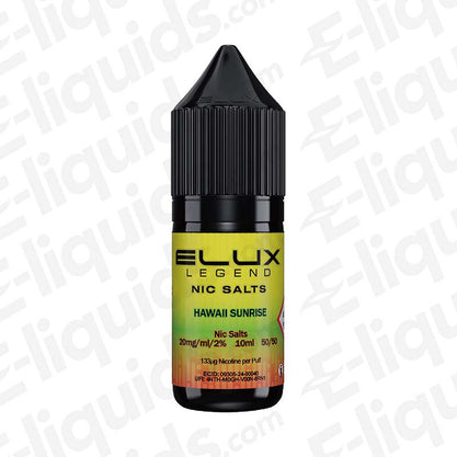 Hawaii Sunrise Nic Salt E-liquid by Elux Legend, featuring sweet peach, pineapple, and watermelon flavors.