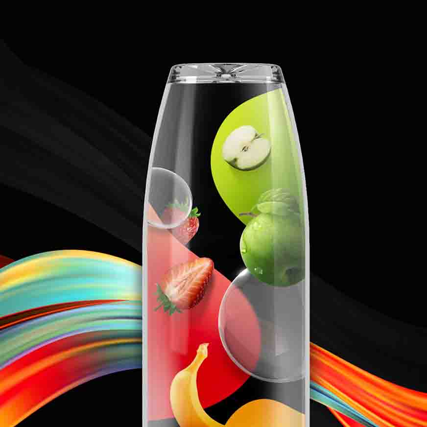 Colorful fruit-infused water bottle with apples, strawberries, and banana on a vibrant black background.