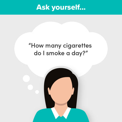 Illustration of a person questioning their daily cigarette consumption with thought bubble text: 'How many cigarettes do I smoke a day?'