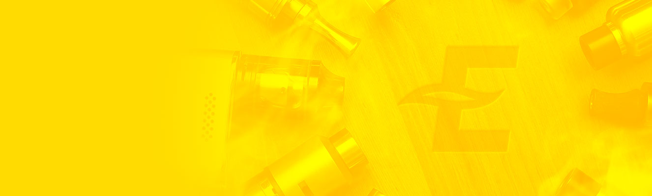 Yellow abstract background with electronic devices and a stylized letter 'E' symbol.