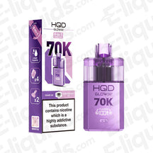 HQD Glow Air 70K Grape GB & Strawberry GB Prefilled Pod Kit: A nostalgic gummy-candy kit in a Vibrant Purple finish, delivering grape and strawberry confectionery flavours.