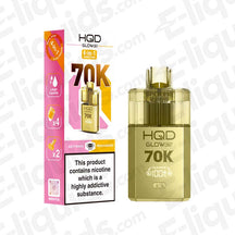 HQD Glow Air 70K Juicy Peach & Peach Mango Prefilled Pod Kit: A mellow fruit-themed pod kit in a yellow finish, featuring sweet peach and tropical mango e-liquid.