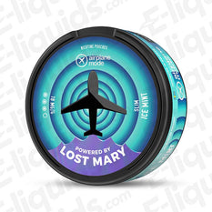 Ice Mint Airplane Mode nicotine pouches by Lost Mary in a sleek can, available in 18mg/g and 30mg/g strength.