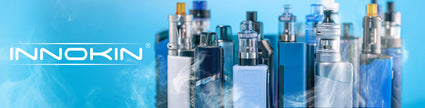 Collection of Innokin vape devices on a blue background with smoke effects