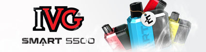 IVG Smart S500 vaping devices in various colors, displayed with logo on white smoke background.