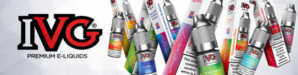Assorted IVG premium e-liquids bottles with colorful packaging and logo.