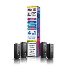 IVG 2400 4-in-1 Reload Pod Kit, Blueberry Edition, showing pods and packaging with nicotine warning label.