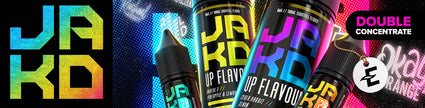 JAKD vape juice bottles with vibrant labels, featuring double concentrate e-liquid flavors.