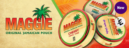 Maggie Original Jamaican Pouch featuring Cherry Tonic Wine and Grape Soda flavors in vibrant packaging; new product announcement.