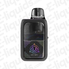 Lost Vape Ursa Epoch Vape Pod Kit in sleek black design with colorful logo and transparent e-liquid window.