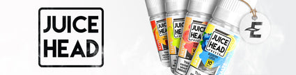Juice Head E-liquid bottles lineup with logo and vapor background
