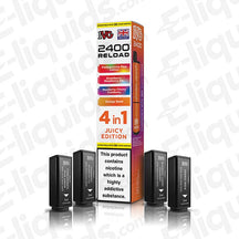 IVG 2400 Juicy Edition Prefilled Pods featuring 4-in-1 flavors, 2400 puffs, 20mg strength, and 2ml e-liquid capacity.