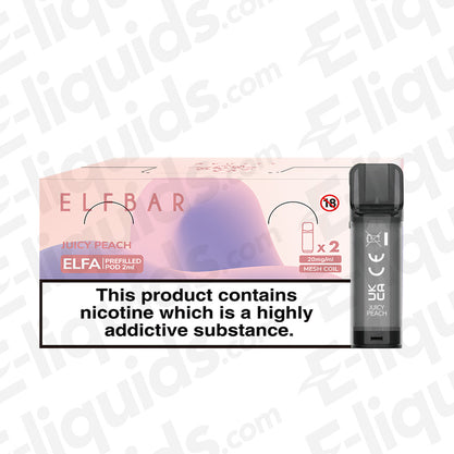 Elf Bar ELFA Pre-Filled Vape Pods Juicy Peach packaging with pod, 20mg nic salt, 2ml capacity, built-in mesh coil shown.
