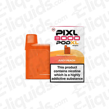 PIXL 8000 Prefilled Pod in Juicy Peach flavor, offering 20mg nicotine strength and up to 8000 puffs, shown in packaging.