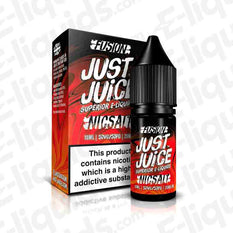 Just Juice Fusion Nic Salt E-liquid bottle and box with bold branding and nicotine warning label.