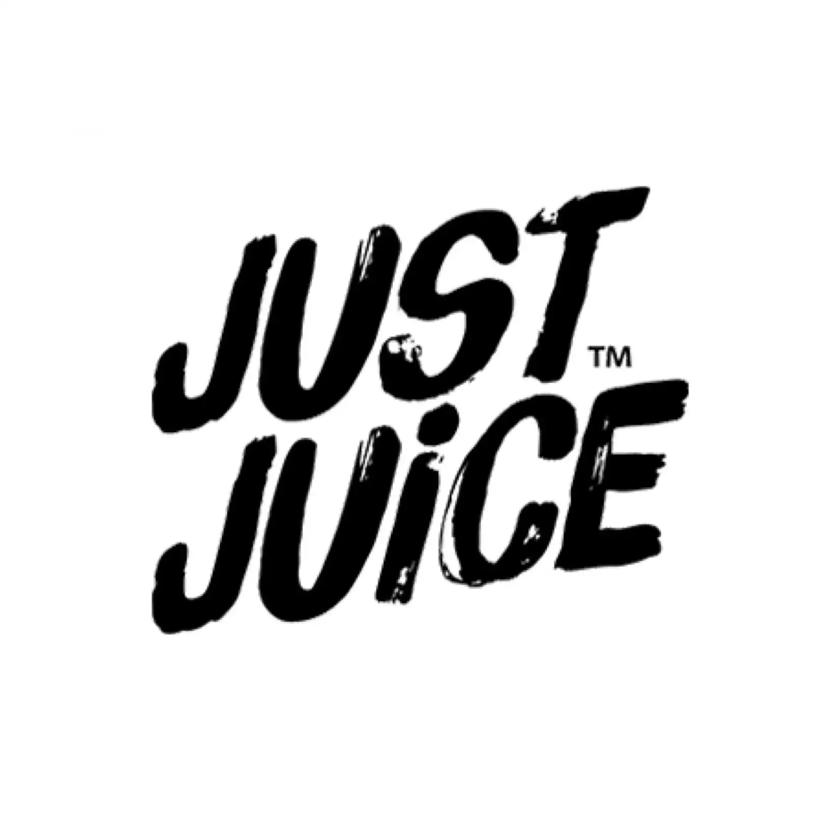 Black and white Just Juice logo with stylized text on a white background.