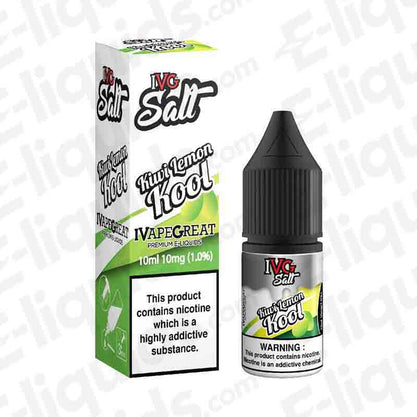IVG Kiwi Lemon Kool Nic Salt E-liquid bottle and box, featuring kiwi, lemon, and menthol flavors, 10ml, 10mg strength.