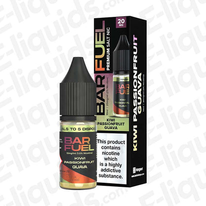 Kiwi Passionfruit Guava Nic Salt E-liquid by Bar Fuel in a 10ml bottle, featuring vibrant packaging and nicotine warning.