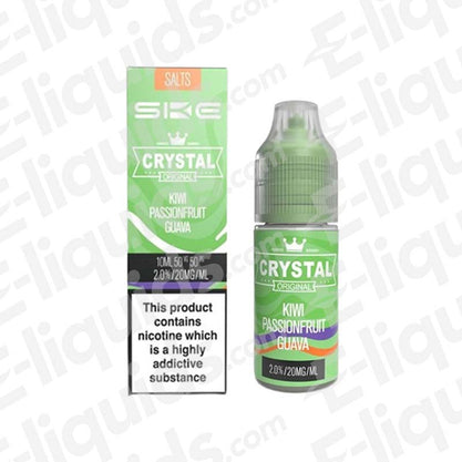 Kiwi Passionfruit Guava Nic Salt by Crystal Clear Bar Salts in packaging and dropper bottle for vaping.