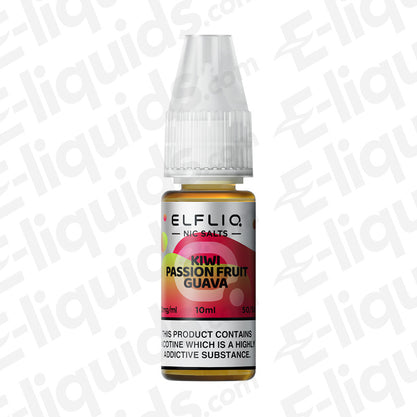 ELFLIQ Kiwi Passionfruit Guava Nic Salt E-liquid bottle with vibrant packaging, 10ml size, showcasing tropical fruit flavors.
