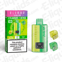 Elf Bar Dual 10K Disposable Vape Kit with sour pineapple lemonade and lemon lime flavors, featuring dual-tank system.