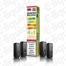 IVG 2400 4-in-1 Lemon Edition Prefilled Pods with 4x mesh coil, 2400 puffs, 20mg strength, 2ml e-liquid capacity.