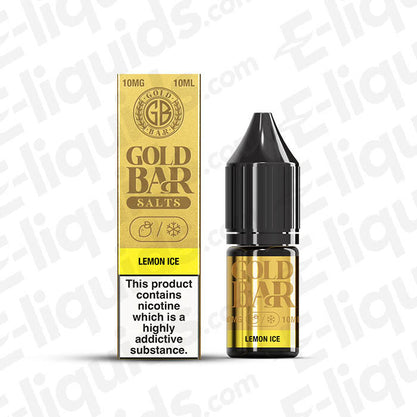 Lemon Ice Nic Salt E-Liquid by Gold Bar in 10mg strength, showcasing packaging and bottle design.