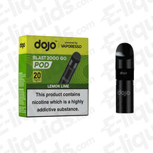 Lemon Lime Vaporesso Dojo Blast 2000 Go Vape Pod with 20mg nicotine, featuring citrus flavors, packaging, and pod shown.