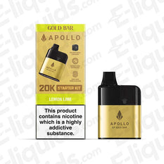 Gold Bar 20K Apollo AIO Big Puff Vape Pod Kit with Lemon Lime flavor, compact design and nicotine warning.