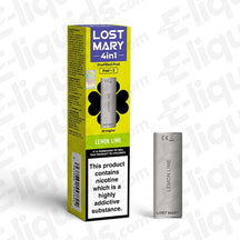 Lost Mary 4-in-1 Prefilled Pods in Lemon Lime flavor with packaging and pod displayed, offering 20mg nicotine and up to 3200 puffs.